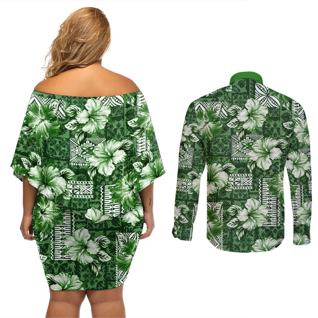 Hawaiian Quilt Pattern Couples Matching Off Shoulder Short Dress and Long Sleeve Button Shirt Hibiscus and Tribal Element Vintage Green Vibe LT03 - Polynesian Pride
