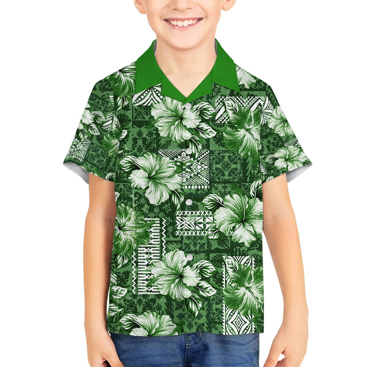 Hawaiian Quilt Pattern Family Matching Off Shoulder Long Sleeve Dress and Hawaiian Shirt Hibiscus and Tribal Element Vintage Green Vibe LT03 Son's Shirt Green - Polynesian Pride