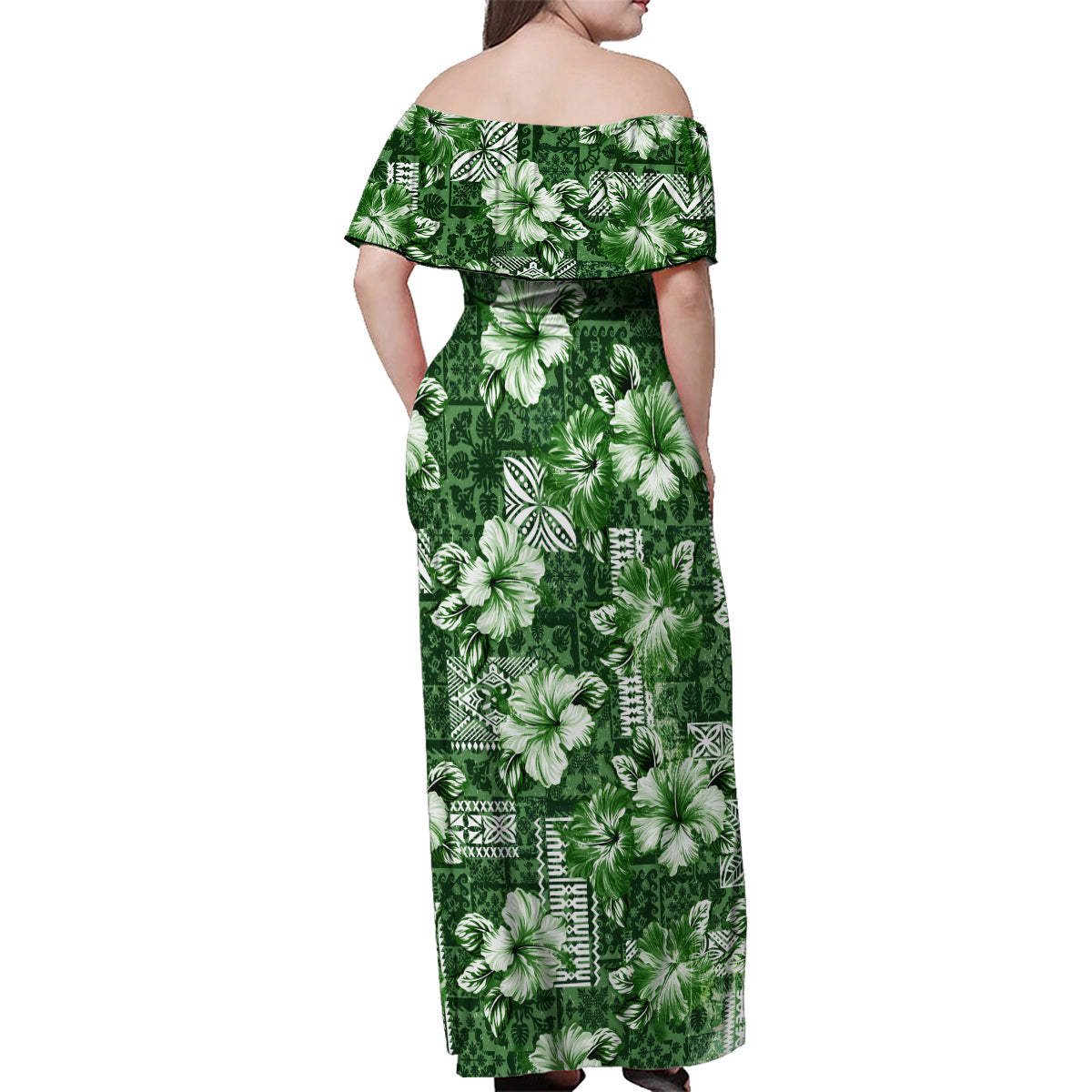 Hawaiian Quilt Pattern Family Matching Off Shoulder Maxi Dress and Hawaiian Shirt Hibiscus and Tribal Element Vintage Green Vibe LT03 - Polynesian Pride