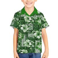 Hawaiian Quilt Pattern Family Matching Puletasi and Hawaiian Shirt Hibiscus and Tribal Element Vintage Green Vibe LT03 Son's Shirt Green - Polynesian Pride