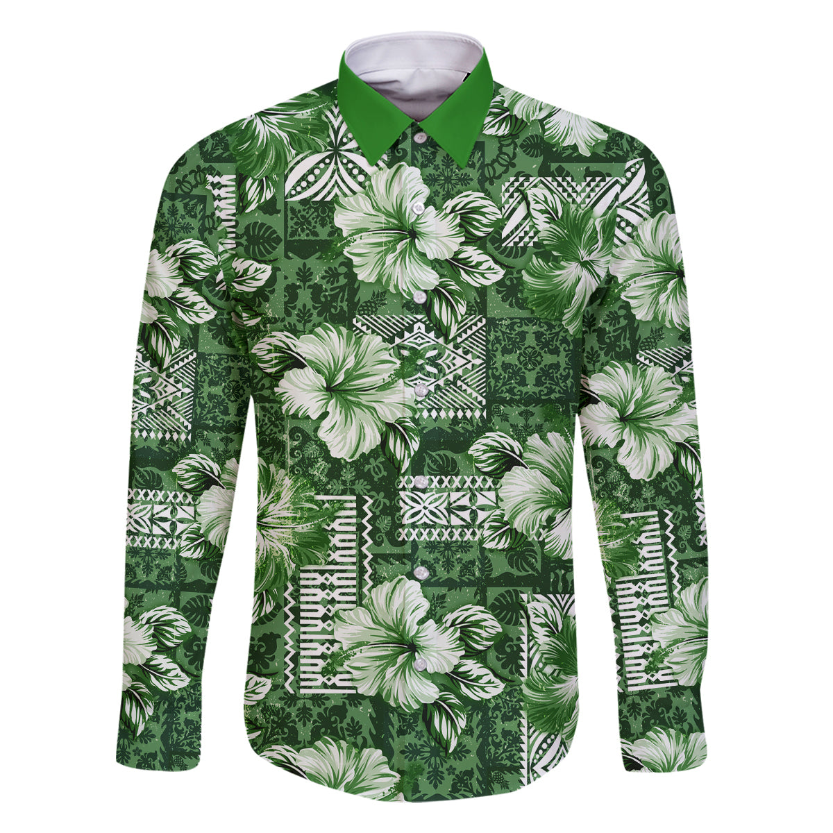 Hawaiian Quilt Pattern Family Matching Tank Maxi Dress and Hawaiian Shirt Hibiscus and Tribal Element Vintage Green Vibe LT03 Dad's Shirt - Long Sleeve Green - Polynesian Pride