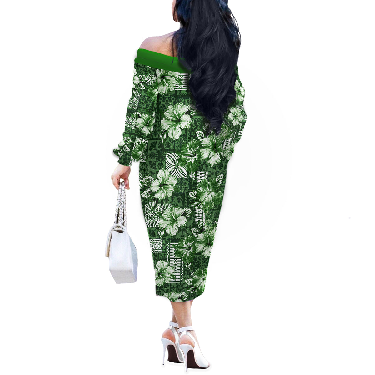 Hawaiian Quilt Pattern Off The Shoulder Long Sleeve Dress Hibiscus and Tribal Element Vintage Green Vibe LT03 - Polynesian Pride