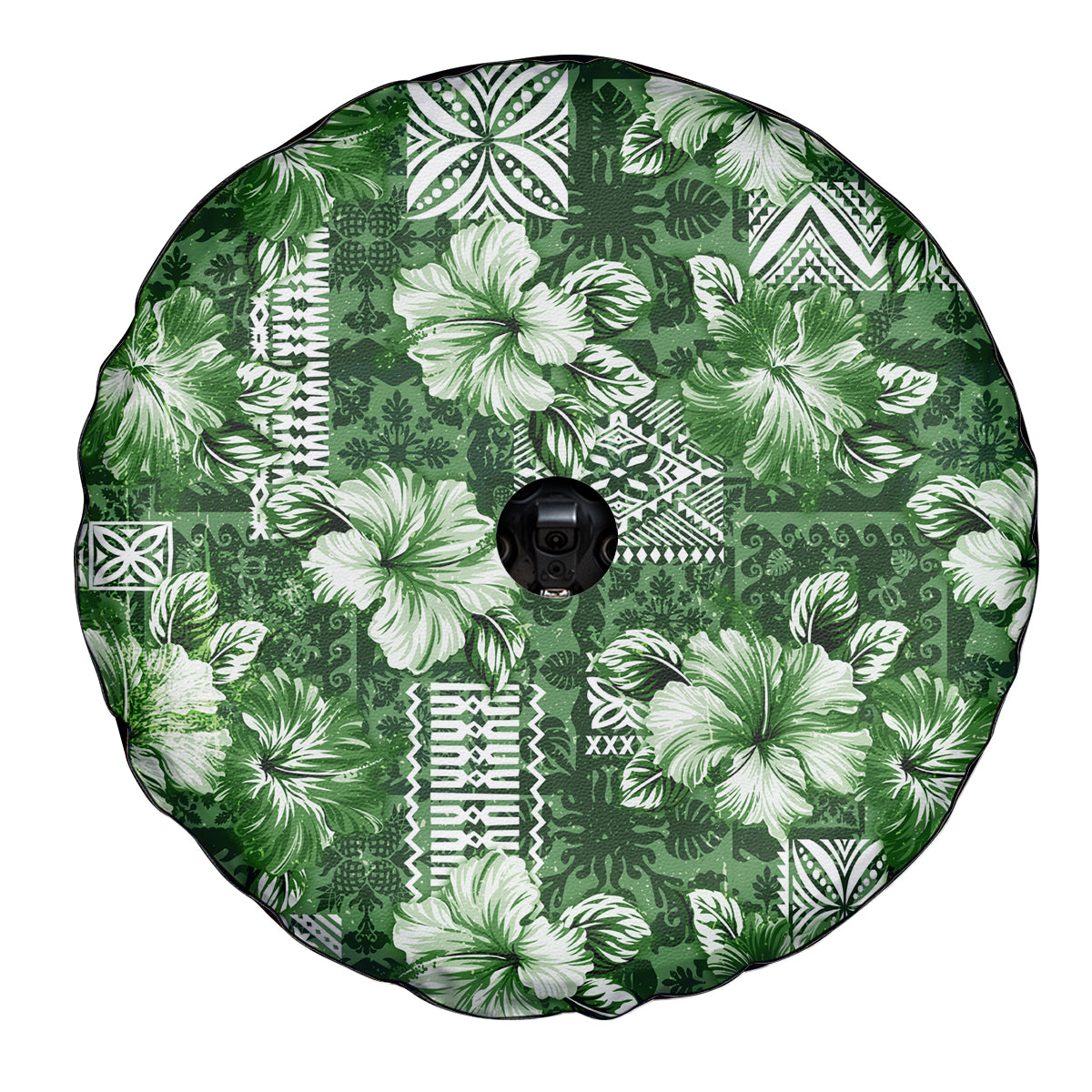 Hawaiian Quilt Pattern Spare Tire Cover Hibiscus and Tribal Element Vintage Green Vibe LT03 - Polynesian Pride