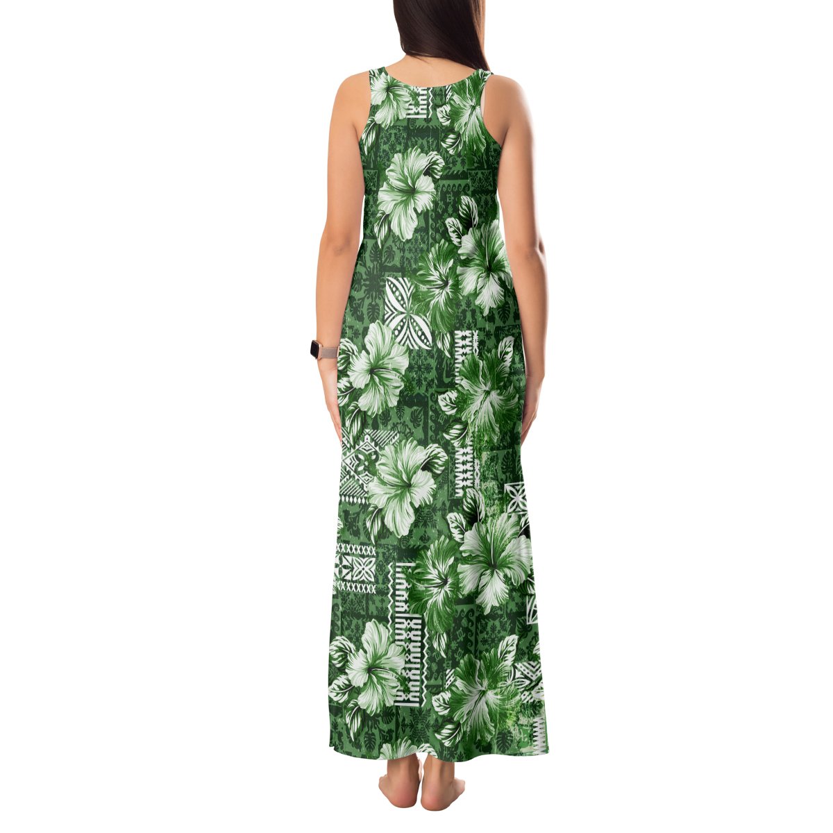 Hawaiian Quilt Pattern Tank Maxi Dress Hibiscus and Tribal Element Vintage Green Vibe LT03 - Polynesian Pride