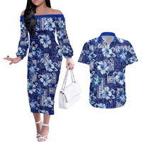 Hawaiian Quilt Pattern Couples Matching Off The Shoulder Long Sleeve Dress and Hawaiian Shirt Hibiscus and Tribal Element Vintage Blue Vibe LT03 Blue - Polynesian Pride