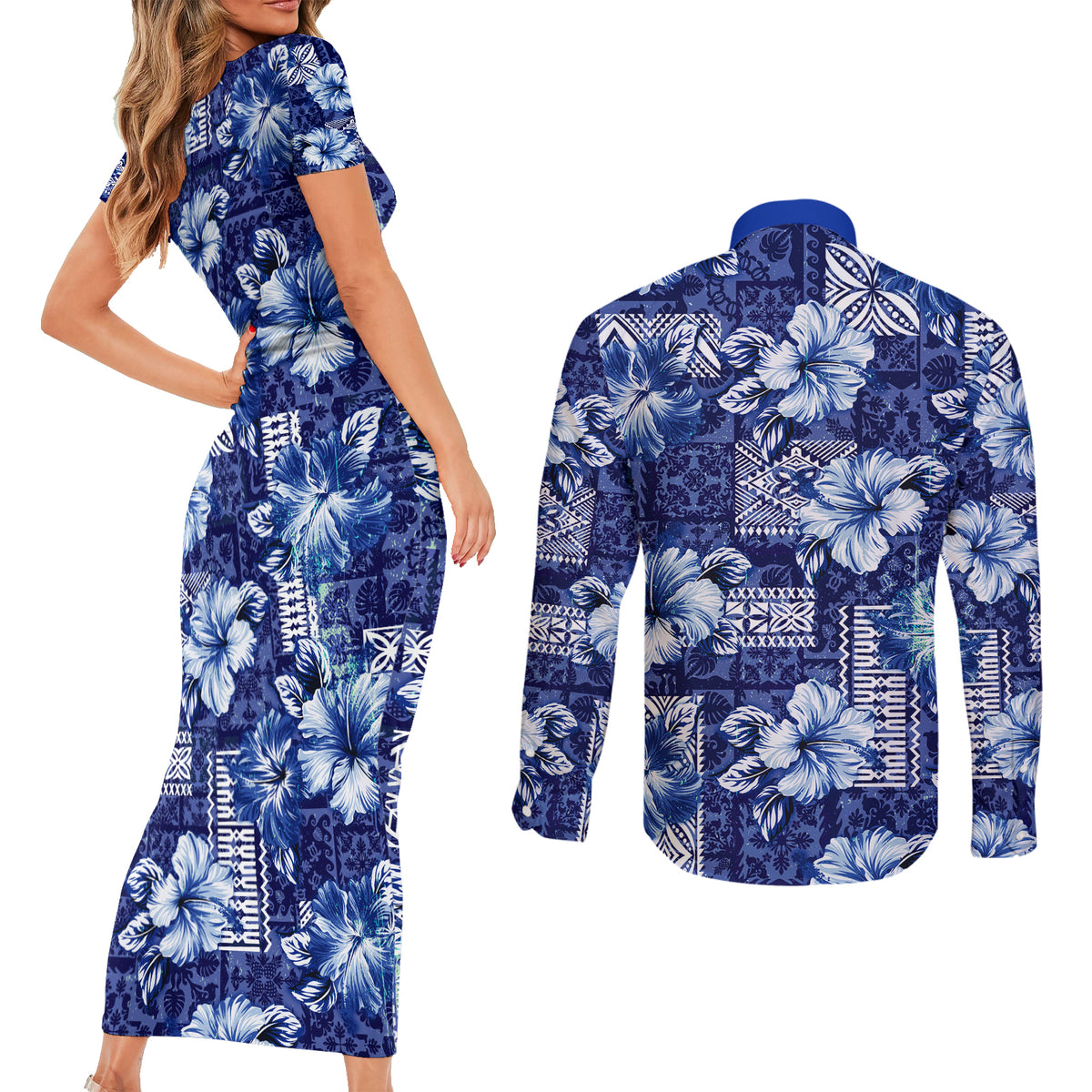 Hawaiian Quilt Pattern Couples Matching Short Sleeve Bodycon Dress and Long Sleeve Button Shirt Hibiscus and Tribal Element Vintage Blue Vibe LT03 - Polynesian Pride