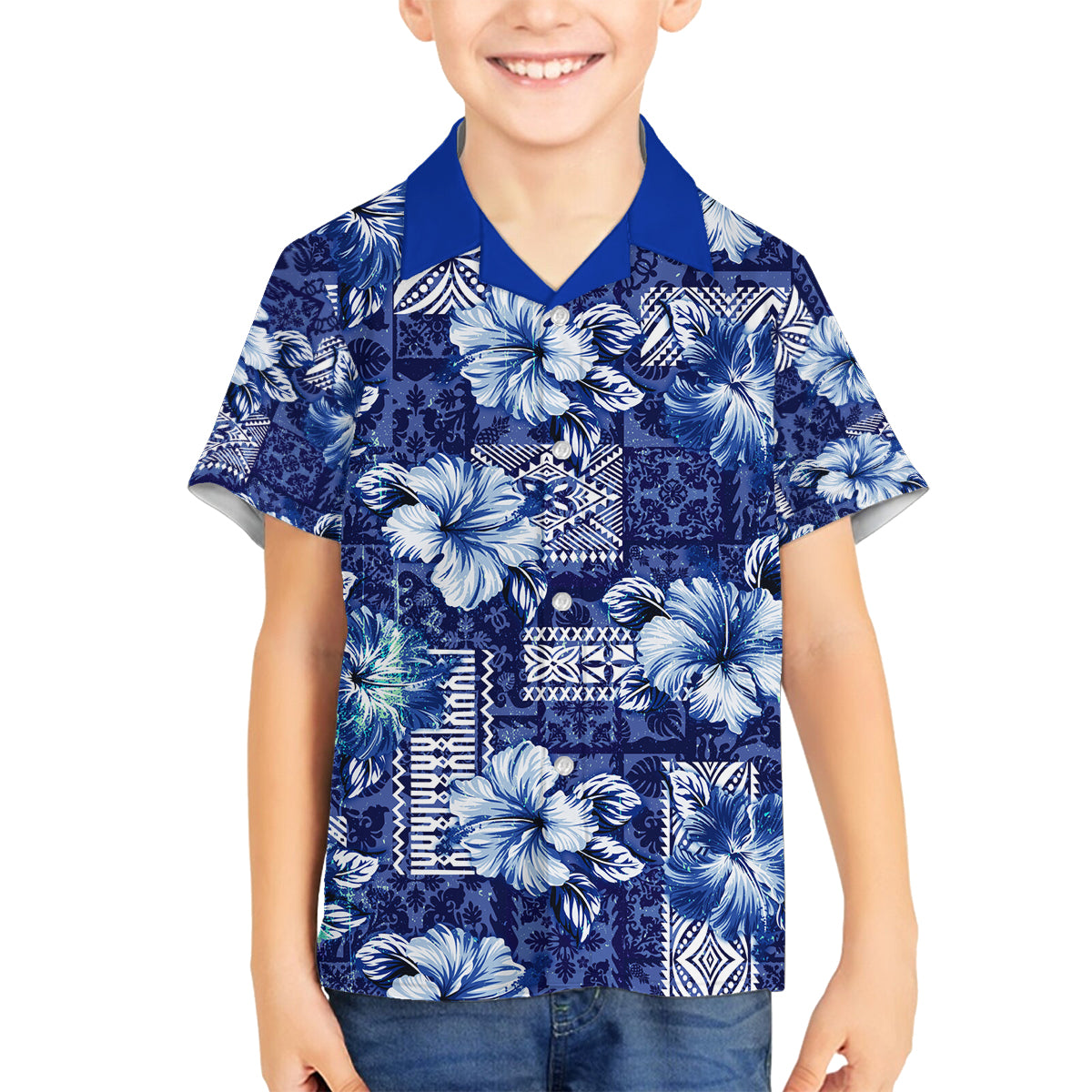 Hawaiian Quilt Pattern Family Matching Off Shoulder Maxi Dress and Hawaiian Shirt Hibiscus and Tribal Element Vintage Blue Vibe LT03 Son's Shirt Blue - Polynesian Pride