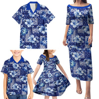 Hawaiian Quilt Pattern Family Matching Puletasi and Hawaiian Shirt Hibiscus and Tribal Element Vintage Blue Vibe LT03 - Polynesian Pride