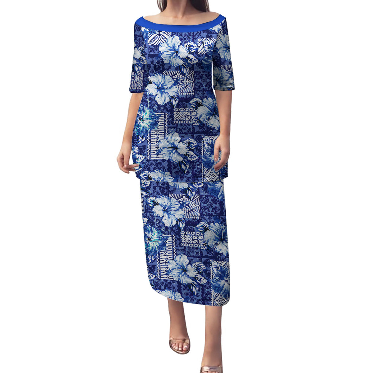 Hawaiian Quilt Pattern Family Matching Puletasi and Hawaiian Shirt Hibiscus and Tribal Element Vintage Blue Vibe LT03 Mom's Dress Blue - Polynesian Pride