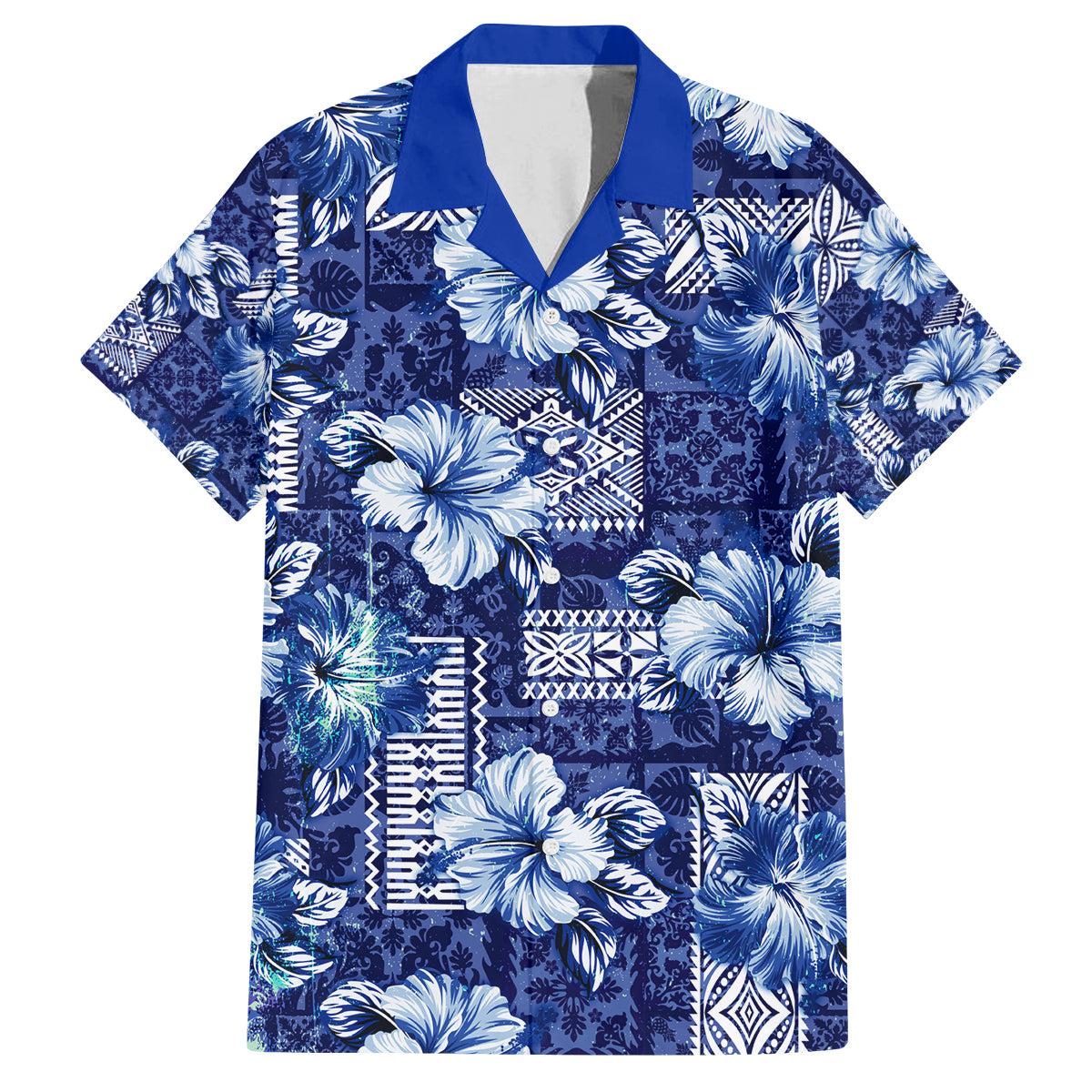 Hawaiian Quilt Pattern Family Matching Summer Maxi Dress and Hawaiian Shirt Hibiscus and Tribal Element Vintage Blue Vibe LT03 Dad's Shirt - Short Sleeve Blue - Polynesian Pride
