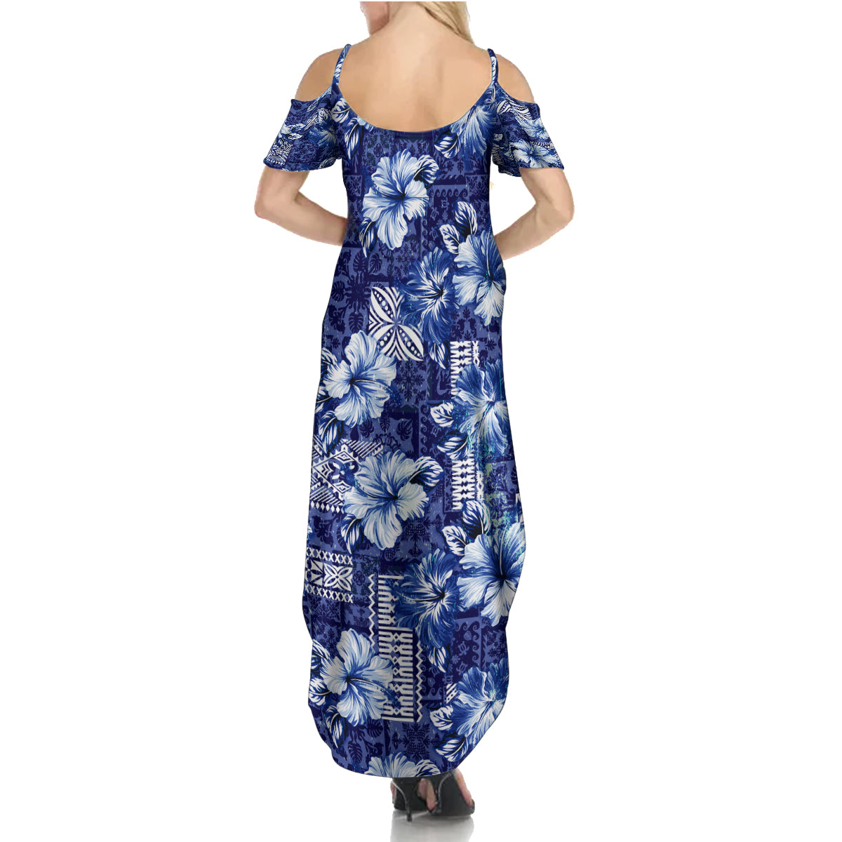 Hawaiian Quilt Pattern Family Matching Summer Maxi Dress and Hawaiian Shirt Hibiscus and Tribal Element Vintage Blue Vibe LT03 - Polynesian Pride