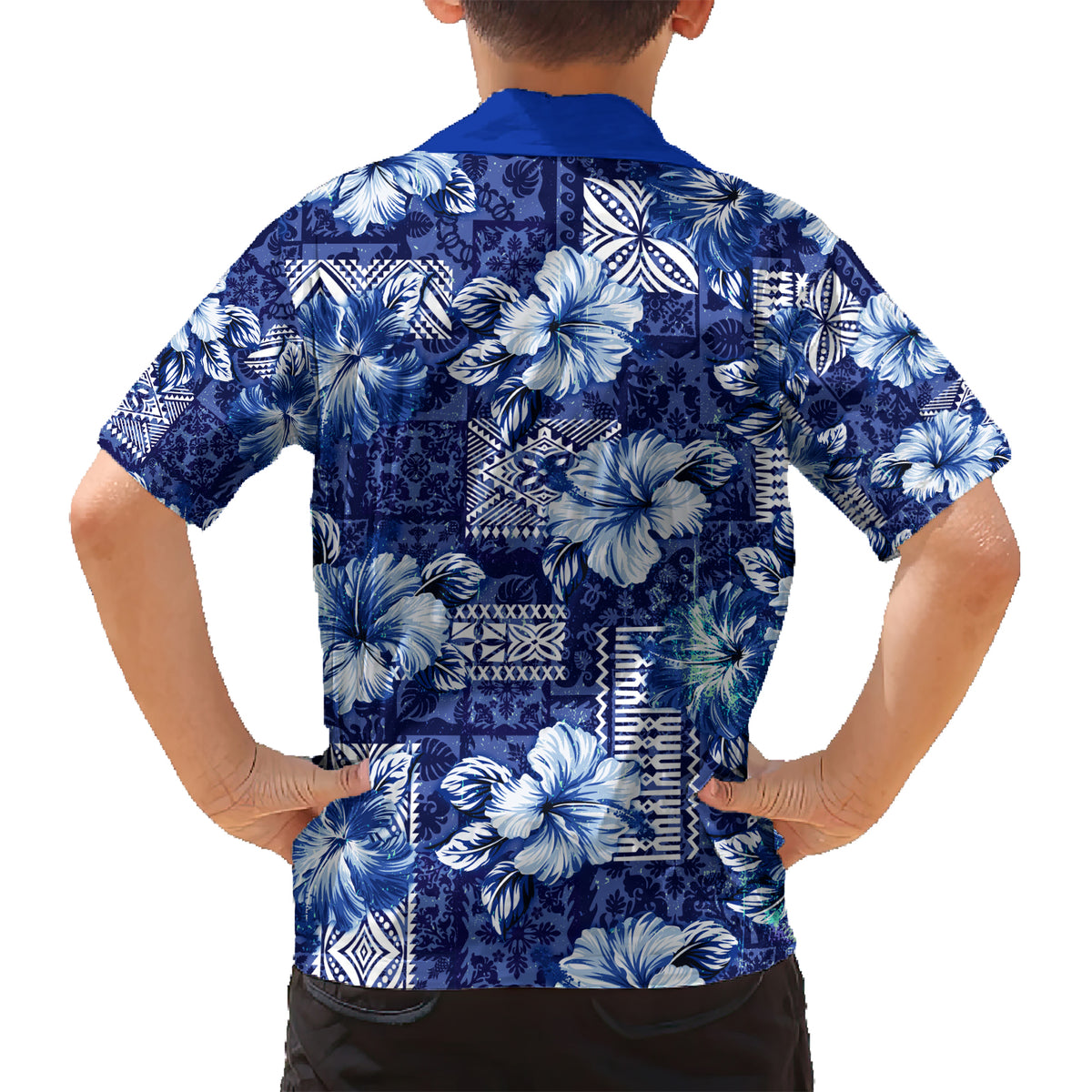 Hawaiian Quilt Pattern Kid Hawaiian Shirt Hibiscus and Tribal Element Vintage Blue Vibe LT03 - Polynesian Pride