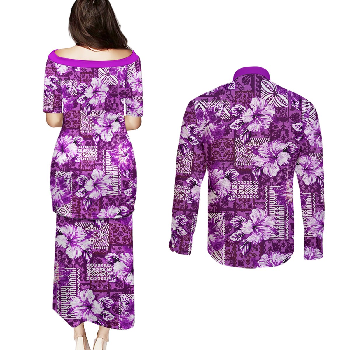 Hawaiian Quilt Pattern Couples Matching Puletasi and Long Sleeve Button Shirt Hibiscus and Tribal Element Vintage Purple Vibe LT03 - Polynesian Pride