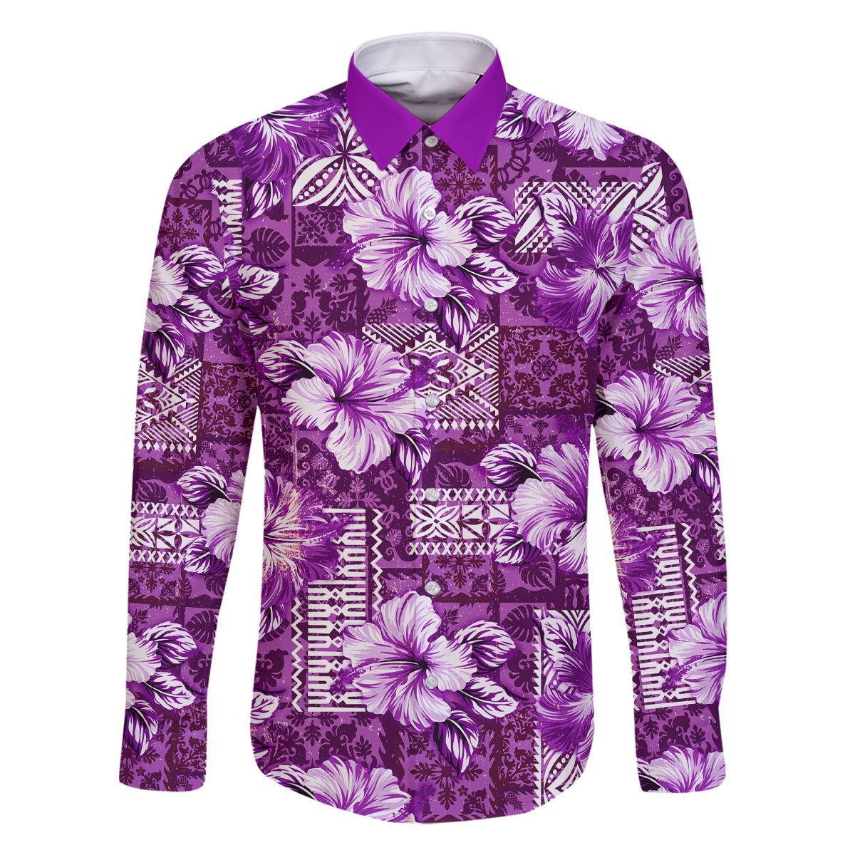 Hawaiian Quilt Pattern Family Matching Tank Maxi Dress and Hawaiian Shirt Hibiscus and Tribal Element Vintage Purple Vibe LT03 Dad's Shirt - Long Sleeve Purple - Polynesian Pride