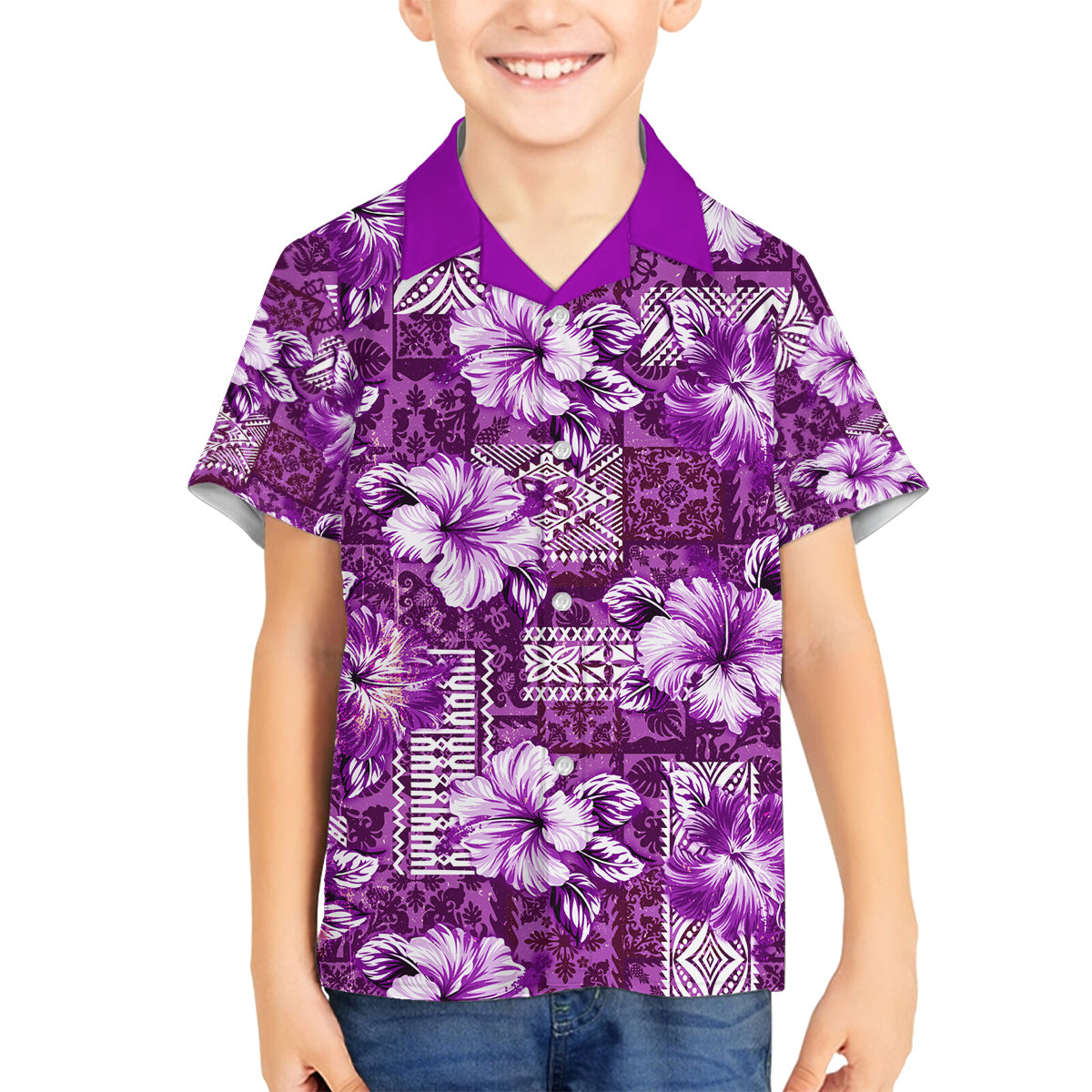 Hawaiian Quilt Pattern Family Matching Tank Maxi Dress and Hawaiian Shirt Hibiscus and Tribal Element Vintage Purple Vibe LT03 Son's Shirt Purple - Polynesian Pride