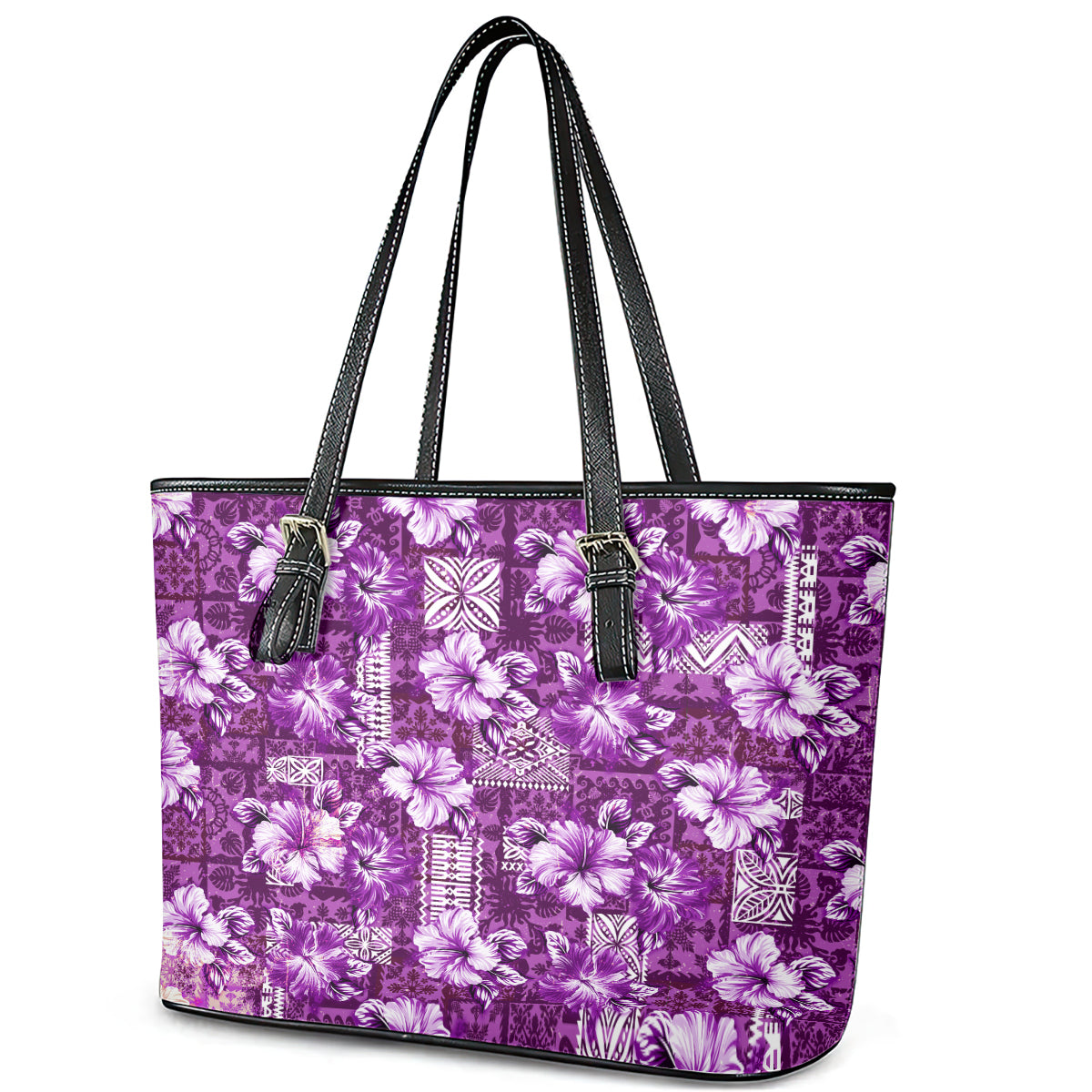 Hawaiian Quilt Pattern Leather Tote Bag Hibiscus and Tribal Element Vintage Purple Vibe LT03 - Polynesian Pride