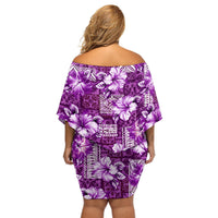Hawaiian Quilt Pattern Off Shoulder Short Dress Hibiscus and Tribal Element Vintage Purple Vibe LT03 - Polynesian Pride