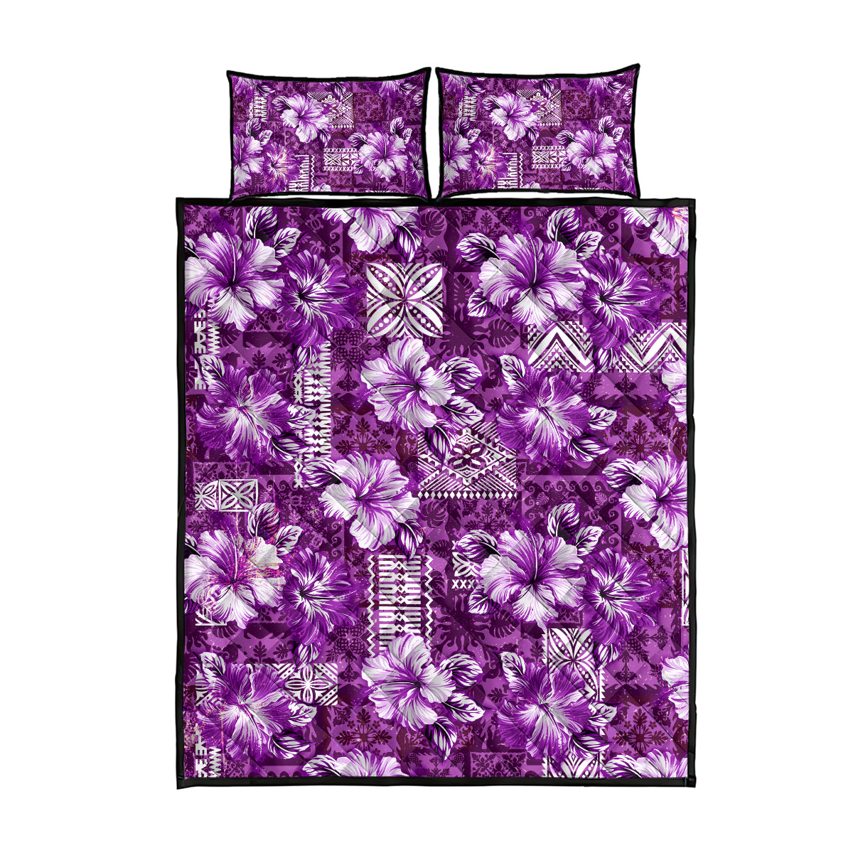 Hawaiian Quilt Pattern Quilt Bed Set Hibiscus and Tribal Element Vintage Purple Vibe LT03 - Polynesian Pride