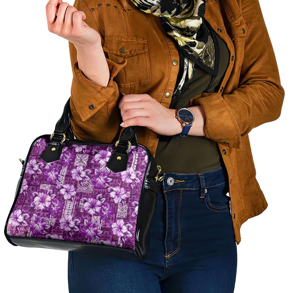 Hawaiian Quilt Pattern Shoulder Handbag Hibiscus and Tribal Element Vintage Purple Vibe LT03 - Polynesian Pride