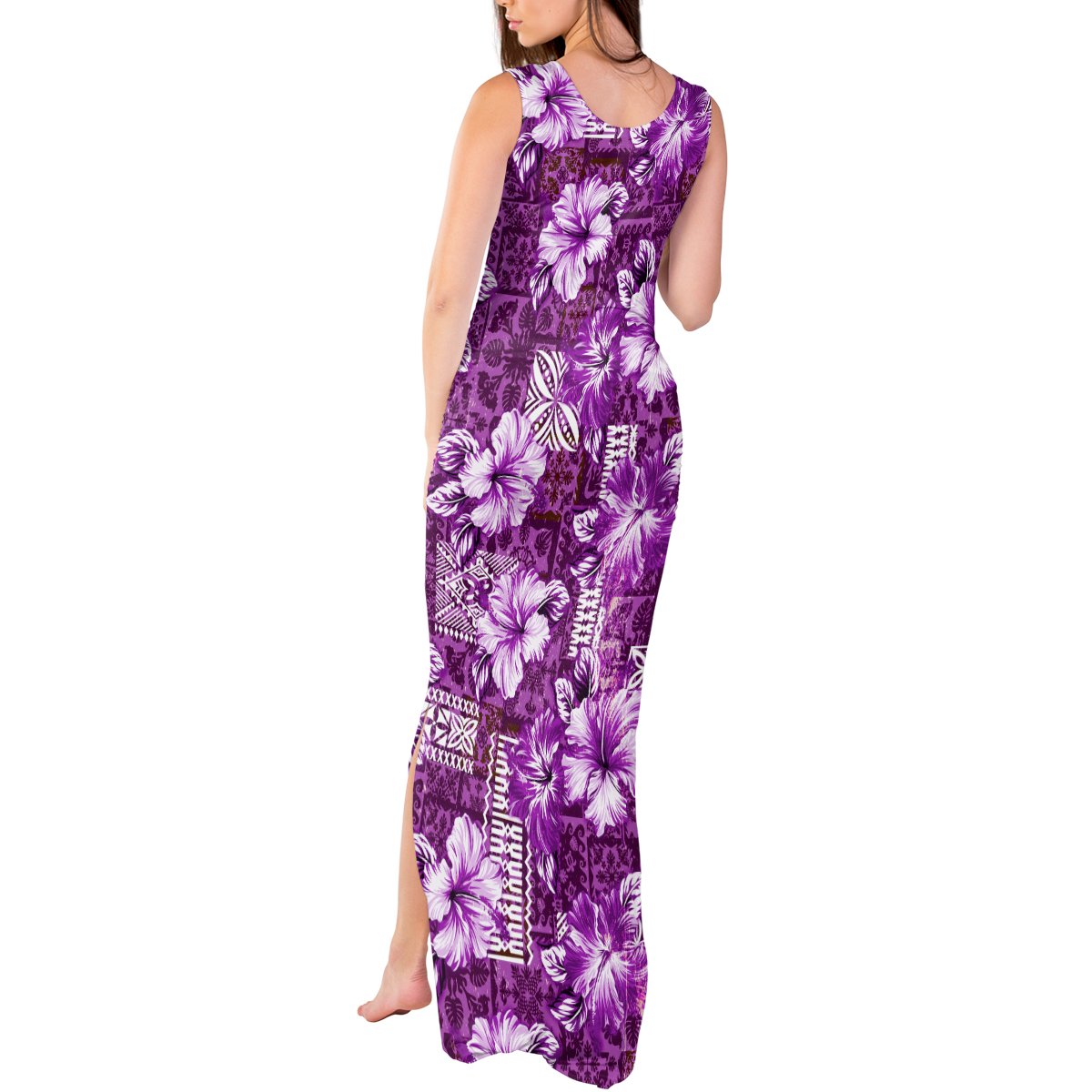 Hawaiian Quilt Pattern Tank Maxi Dress Hibiscus and Tribal Element Vintage Purple Vibe LT03 - Polynesian Pride