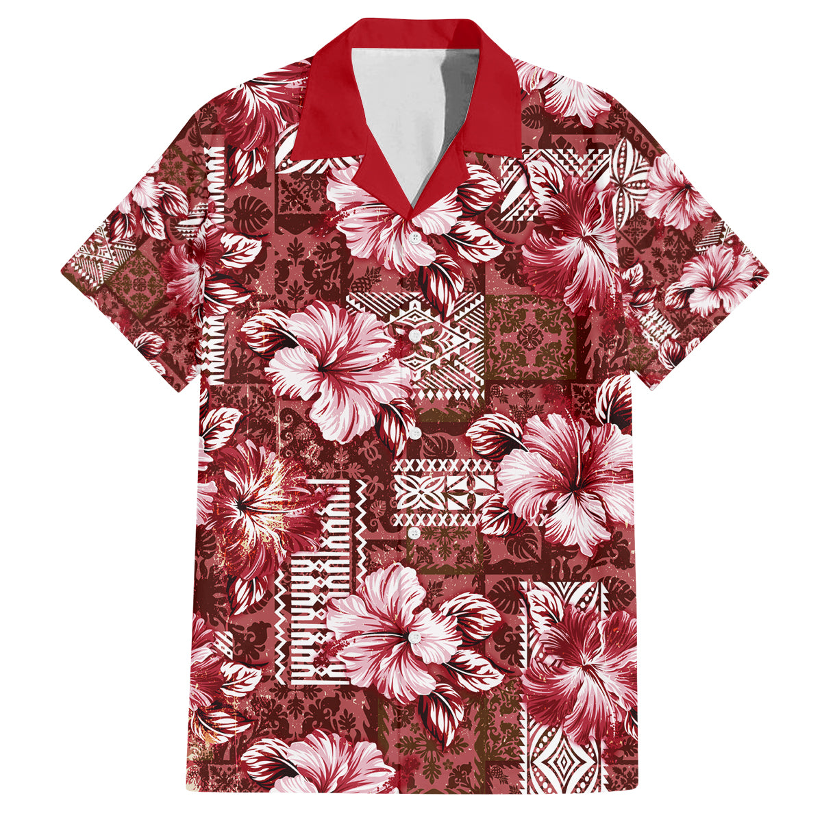 Hawaiian Quilt Pattern Family Matching Off Shoulder Long Sleeve Dress and Hawaiian Shirt Hibiscus and Tribal Element Vintage Red Vibe LT03 Dad's Shirt - Short Sleeve Red - Polynesian Pride