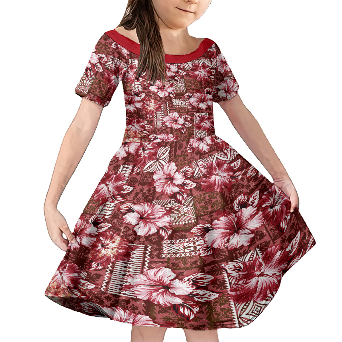 Hawaiian Quilt Pattern Family Matching Off Shoulder Maxi Dress and Hawaiian Shirt Hibiscus and Tribal Element Vintage Red Vibe LT03 Daughter's Dress Red - Polynesian Pride