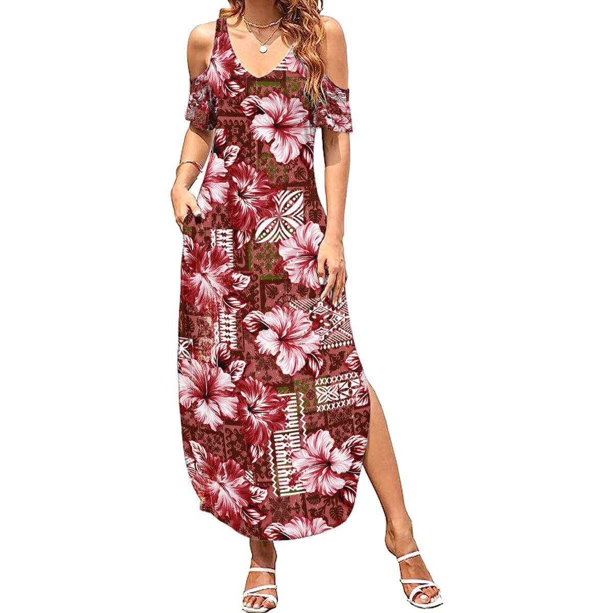 Hawaiian Quilt Pattern Family Matching Summer Maxi Dress and Hawaiian Shirt Hibiscus and Tribal Element Vintage Red Vibe LT03 Mom's Dress Red - Polynesian Pride