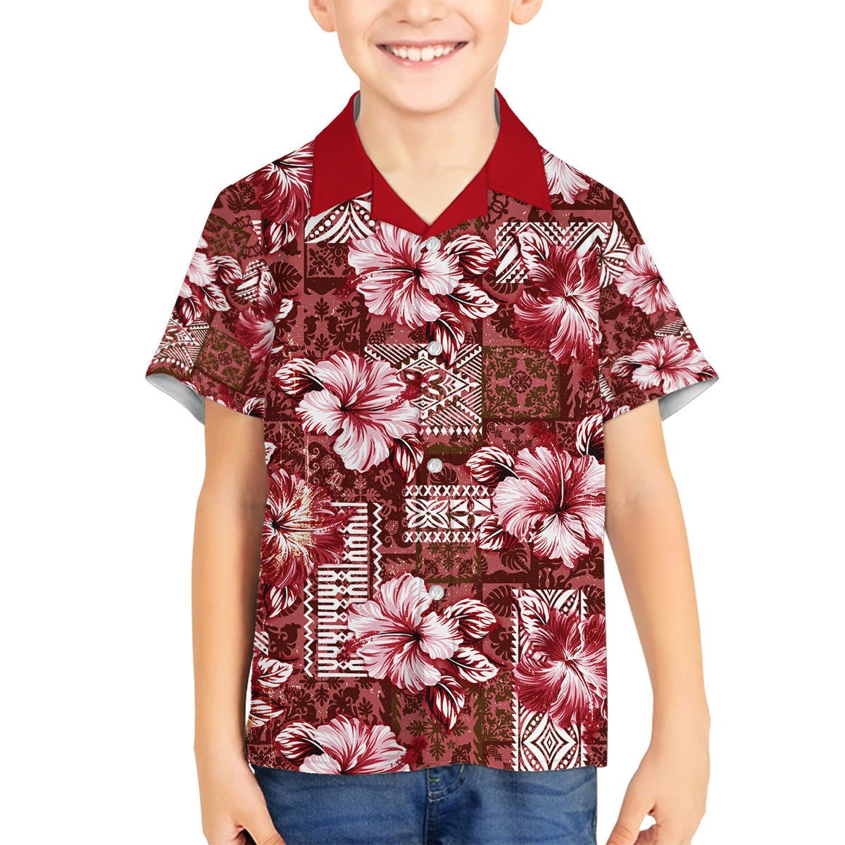 Hawaiian Quilt Pattern Family Matching Summer Maxi Dress and Hawaiian Shirt Hibiscus and Tribal Element Vintage Red Vibe LT03 Son's Shirt Red - Polynesian Pride
