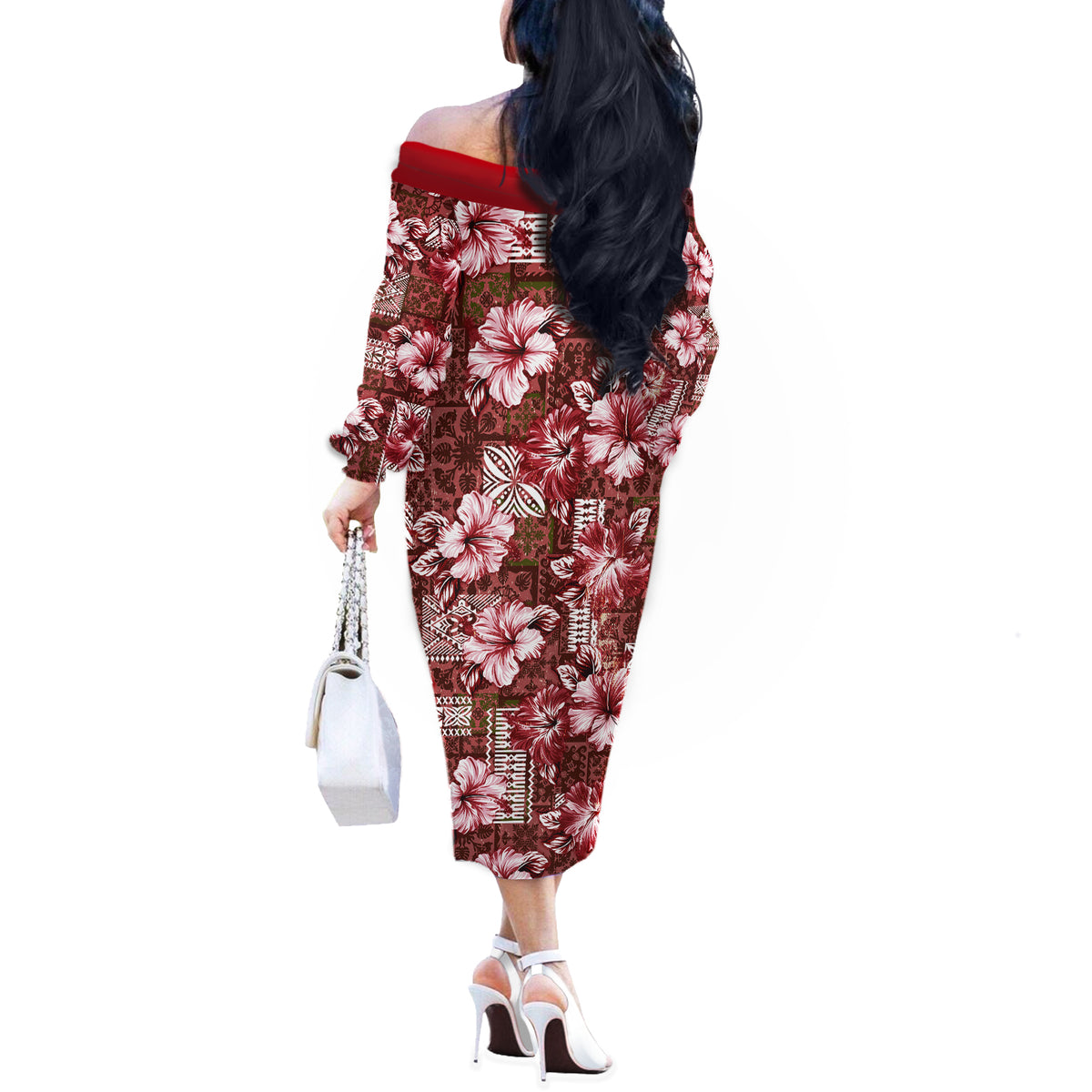 Hawaiian Quilt Pattern Off The Shoulder Long Sleeve Dress Hibiscus and Tribal Element Vintage Red Vibe LT03 - Polynesian Pride