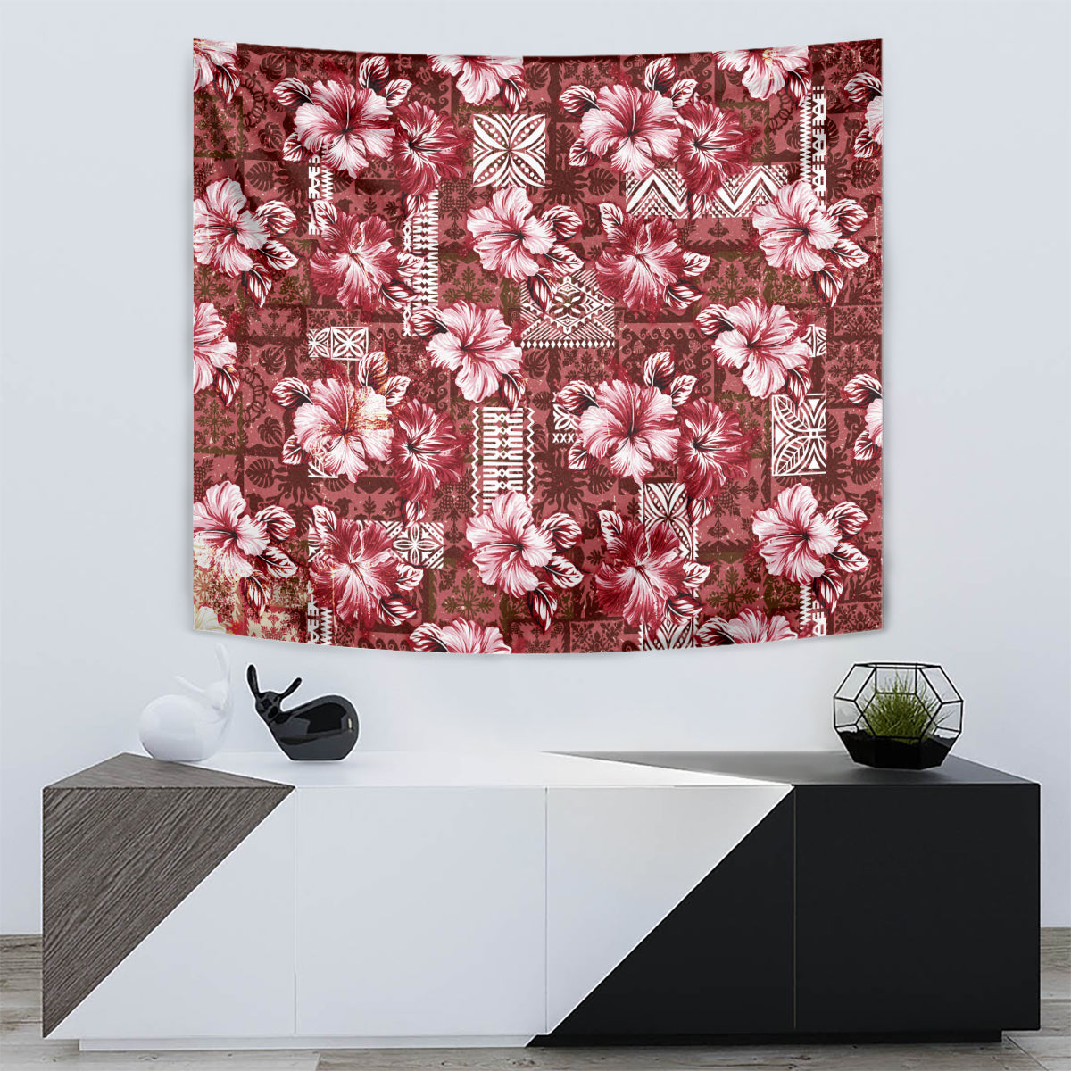 Hawaiian Quilt Pattern Tapestry Hibiscus and Tribal Element Vintage Red Vibe LT03 - Polynesian Pride