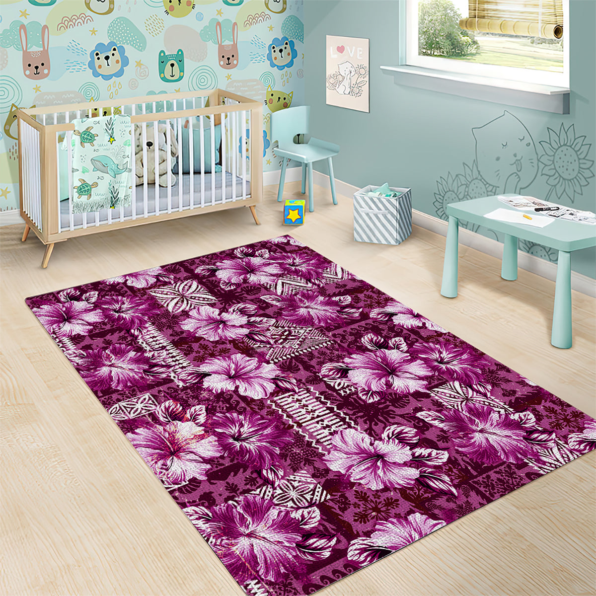 Hawaiian Quilt Pattern Area Rug Hibiscus and Tribal Element Vintage Pink Vibe LT03 - Polynesian Pride