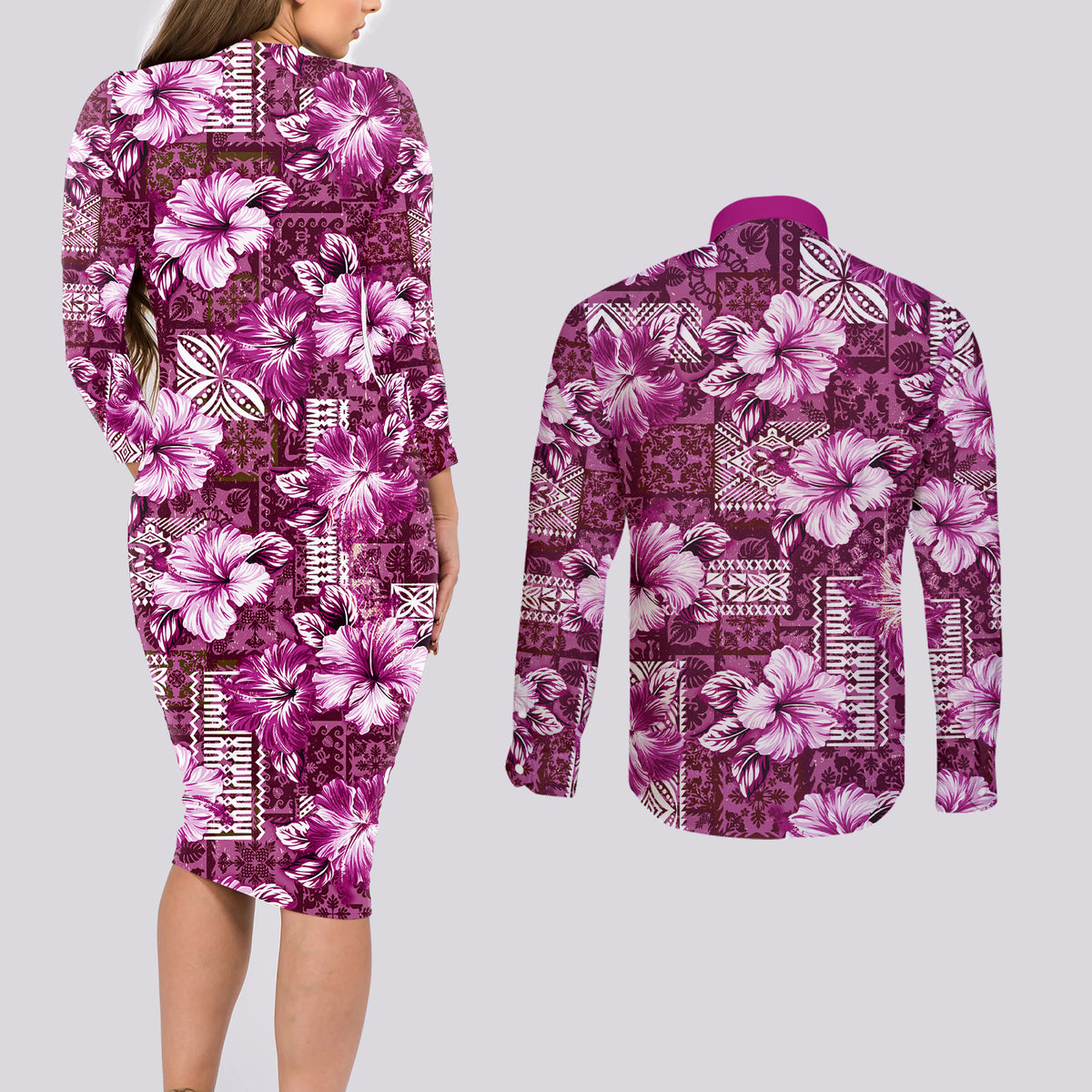 Hawaiian Quilt Pattern Couples Matching Long Sleeve Bodycon Dress and Long Sleeve Button Shirt Hibiscus and Tribal Element Vintage Pink Vibe LT03 - Polynesian Pride