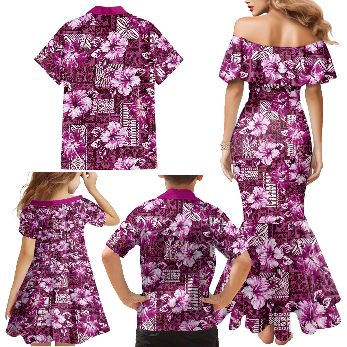 Hawaiian Quilt Pattern Family Matching Mermaid Dress and Hawaiian Shirt Hibiscus and Tribal Element Vintage Pink Vibe LT03 - Polynesian Pride