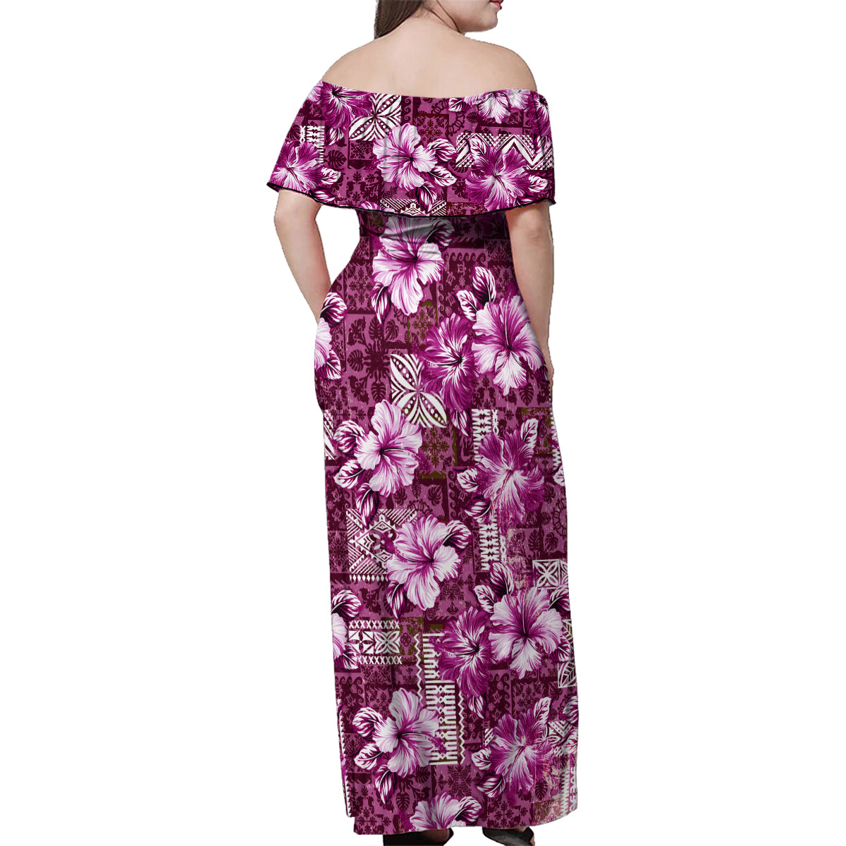 Hawaiian Quilt Pattern Family Matching Off Shoulder Maxi Dress and Hawaiian Shirt Hibiscus and Tribal Element Vintage Pink Vibe LT03 - Polynesian Pride