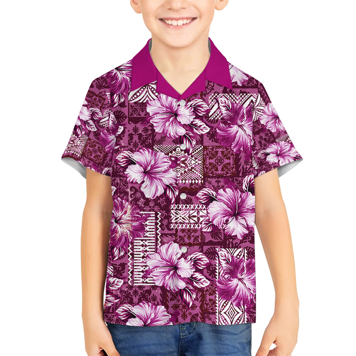 Hawaiian Quilt Pattern Family Matching Off Shoulder Maxi Dress and Hawaiian Shirt Hibiscus and Tribal Element Vintage Pink Vibe LT03 Son's Shirt Pink - Polynesian Pride