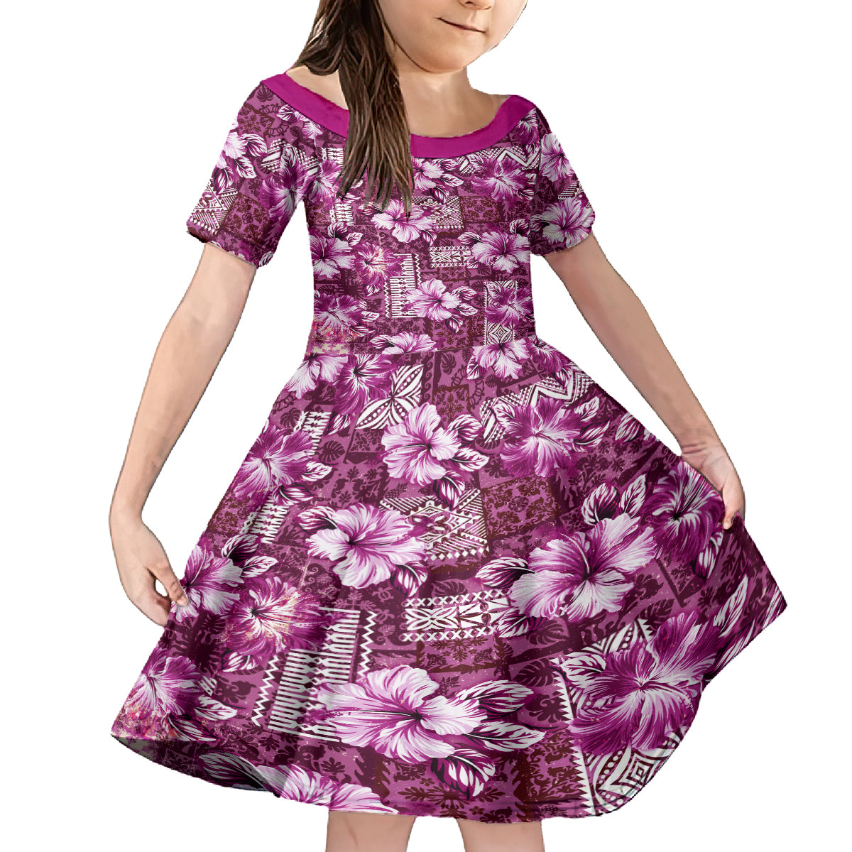 Hawaiian Quilt Pattern Family Matching Summer Maxi Dress and Hawaiian Shirt Hibiscus and Tribal Element Vintage Pink Vibe LT03 Daughter's Dress Pink - Polynesian Pride