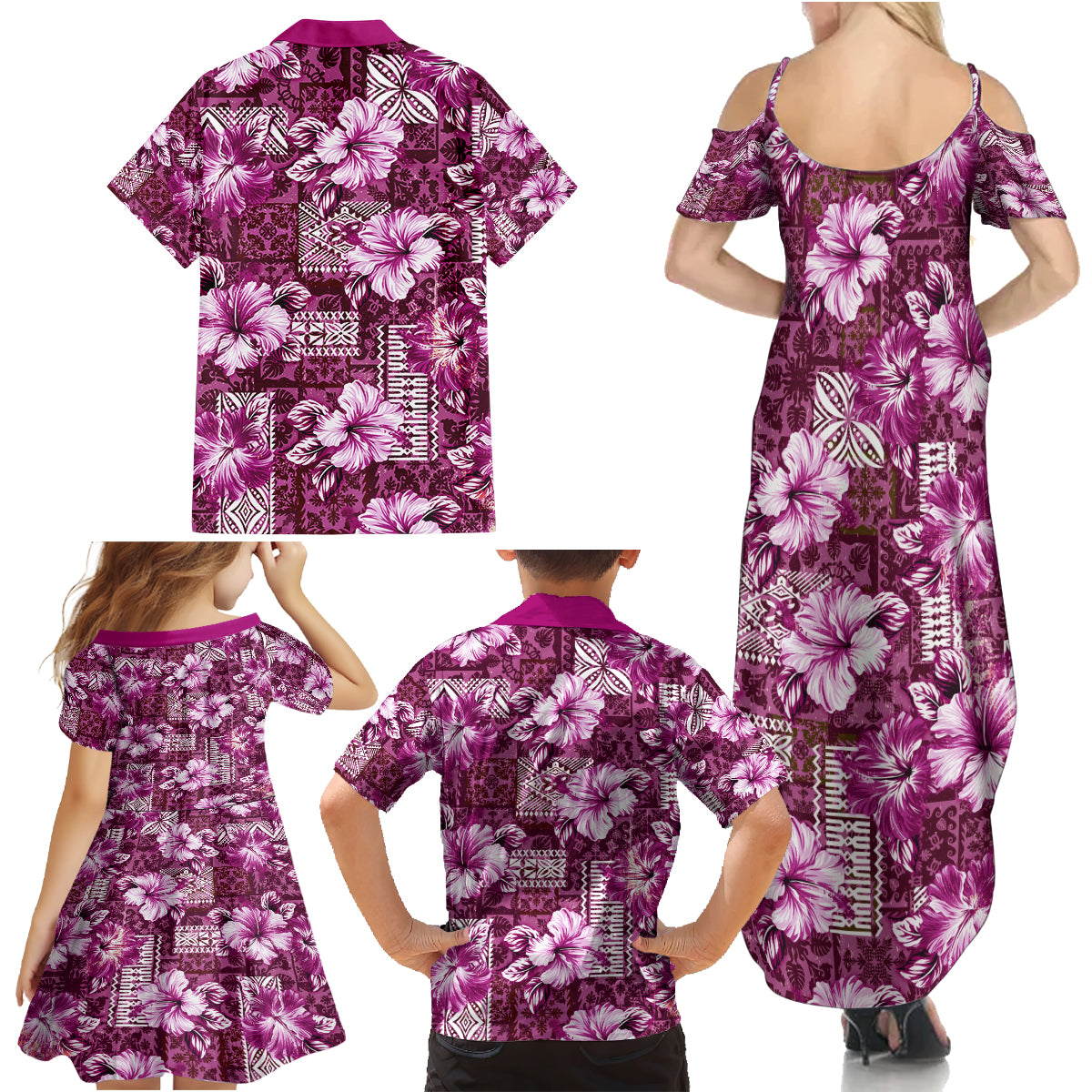 Hawaiian Quilt Pattern Family Matching Summer Maxi Dress and Hawaiian Shirt Hibiscus and Tribal Element Vintage Pink Vibe LT03 - Polynesian Pride