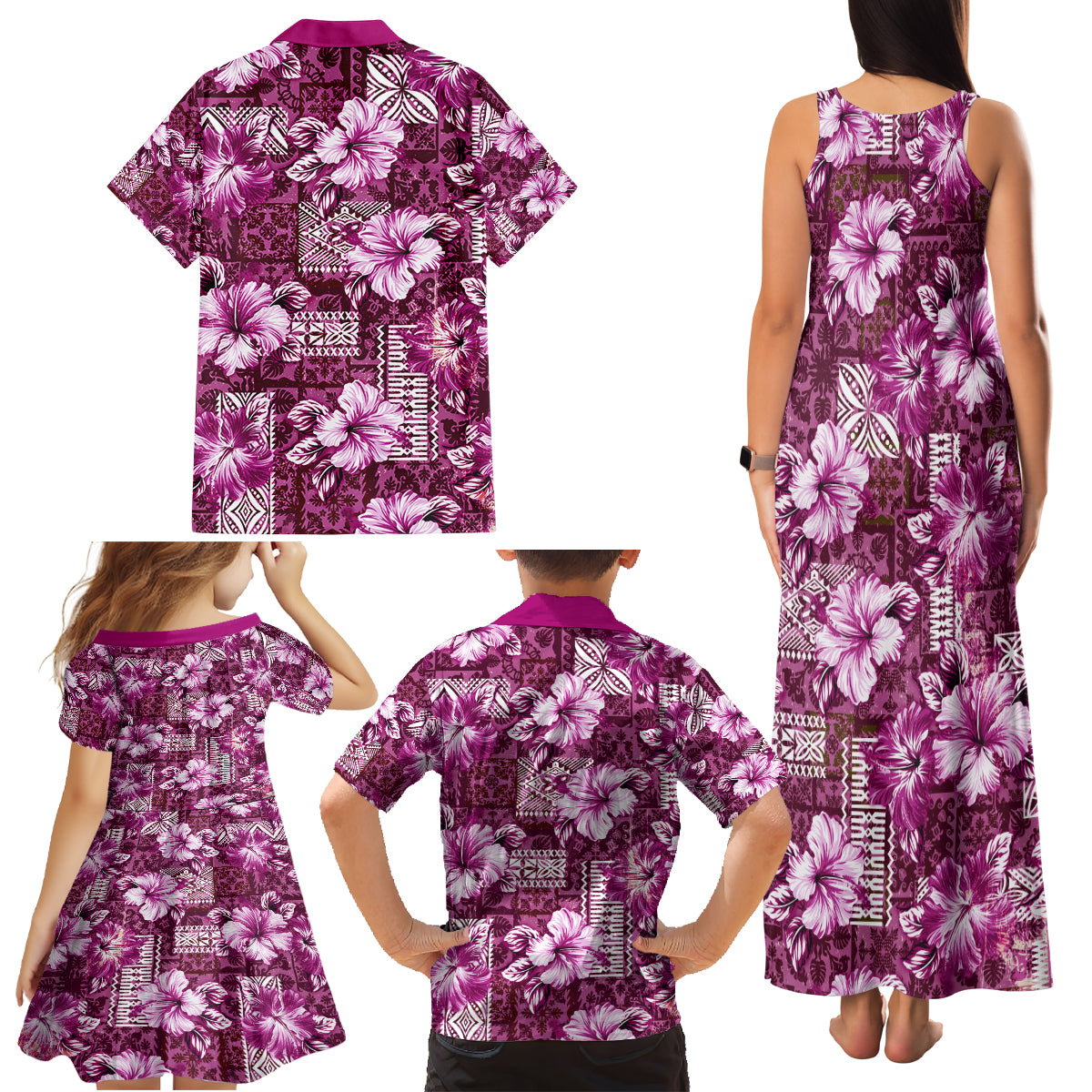 Hawaiian Quilt Pattern Family Matching Tank Maxi Dress and Hawaiian Shirt Hibiscus and Tribal Element Vintage Pink Vibe LT03 - Polynesian Pride