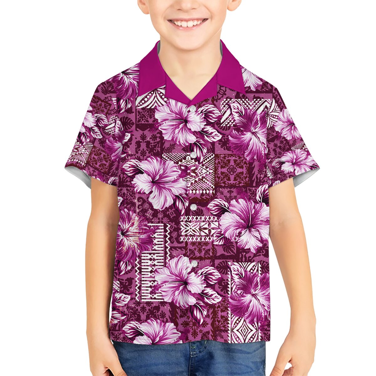 Hawaiian Quilt Pattern Hawaiian Shirt Hibiscus and Tribal Element Vintage Pink Vibe LT03 - Polynesian Pride