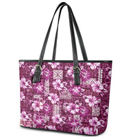 Hawaiian Quilt Pattern Leather Tote Bag Hibiscus and Tribal Element Vintage Pink Vibe LT03 - Polynesian Pride