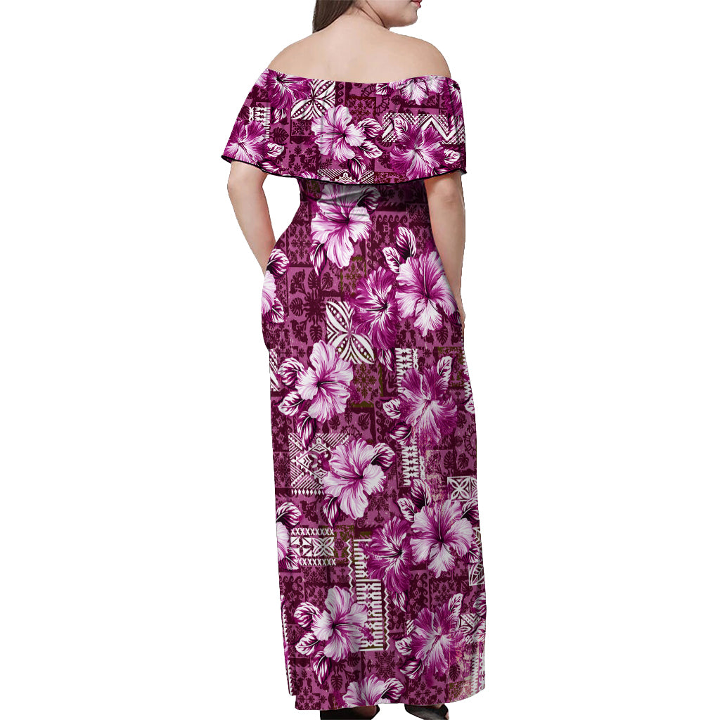 Hawaiian Quilt Pattern Off Shoulder Maxi Dress Hibiscus and Tribal Element Vintage Pink Vibe LT03 - Polynesian Pride