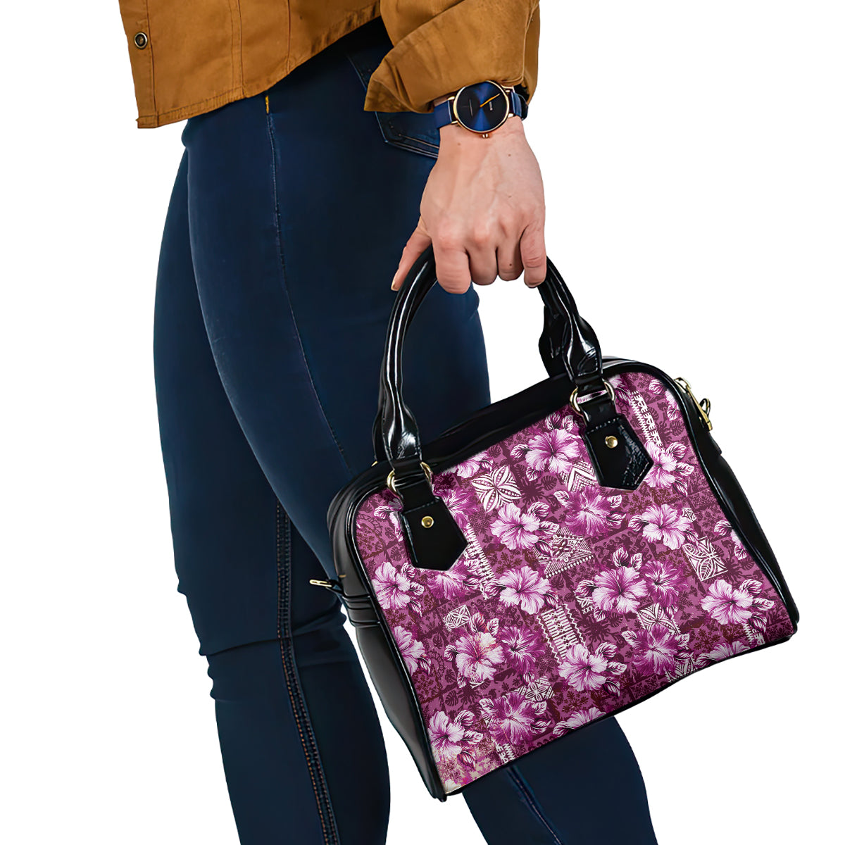 Hawaiian Quilt Pattern Shoulder Handbag Hibiscus and Tribal Element Vintage Pink Vibe LT03 - Polynesian Pride
