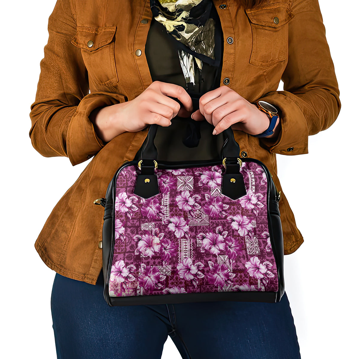 Hawaiian Quilt Pattern Shoulder Handbag Hibiscus and Tribal Element Vintage Pink Vibe LT03 - Polynesian Pride