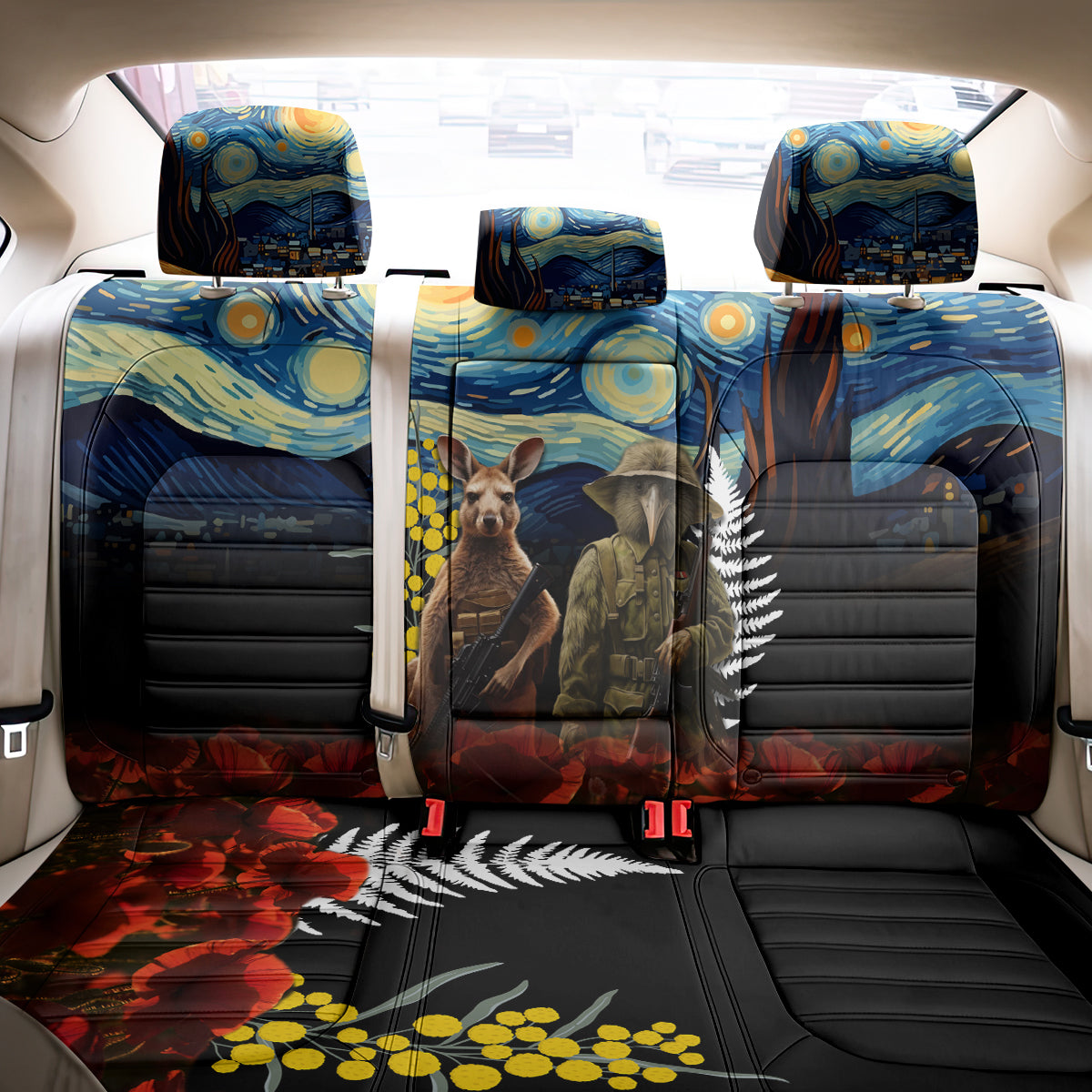 New Zealand and Australia ANZAC Day Back Car Seat Cover Kiwi Bird and Kangaroo Soldier Starry Night Style LT03 - Polynesian Pride