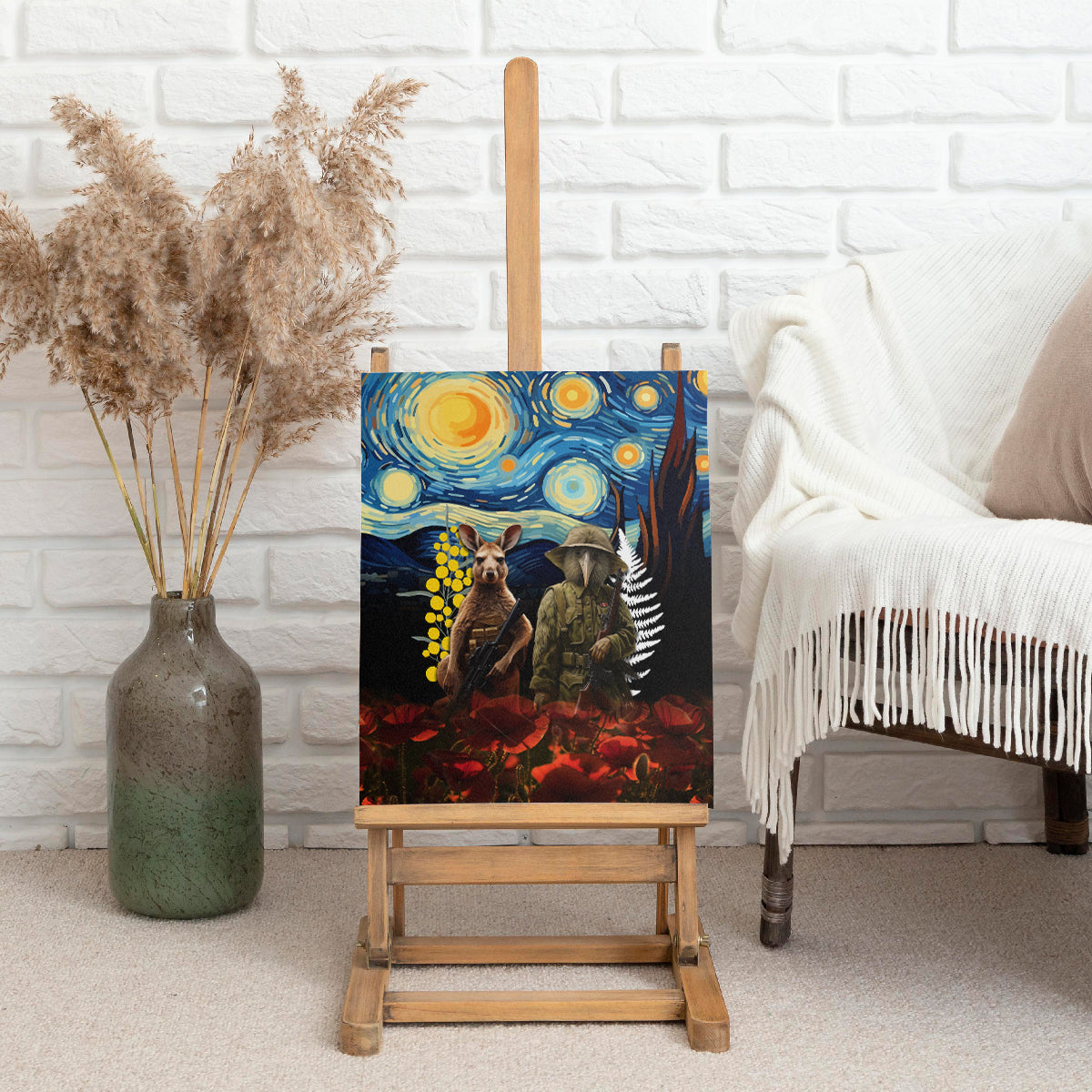 New Zealand and Australia ANZAC Day Canvas Wall Art Kiwi Bird and Kangaroo Soldier Starry Night Style LT03 - Polynesian Pride