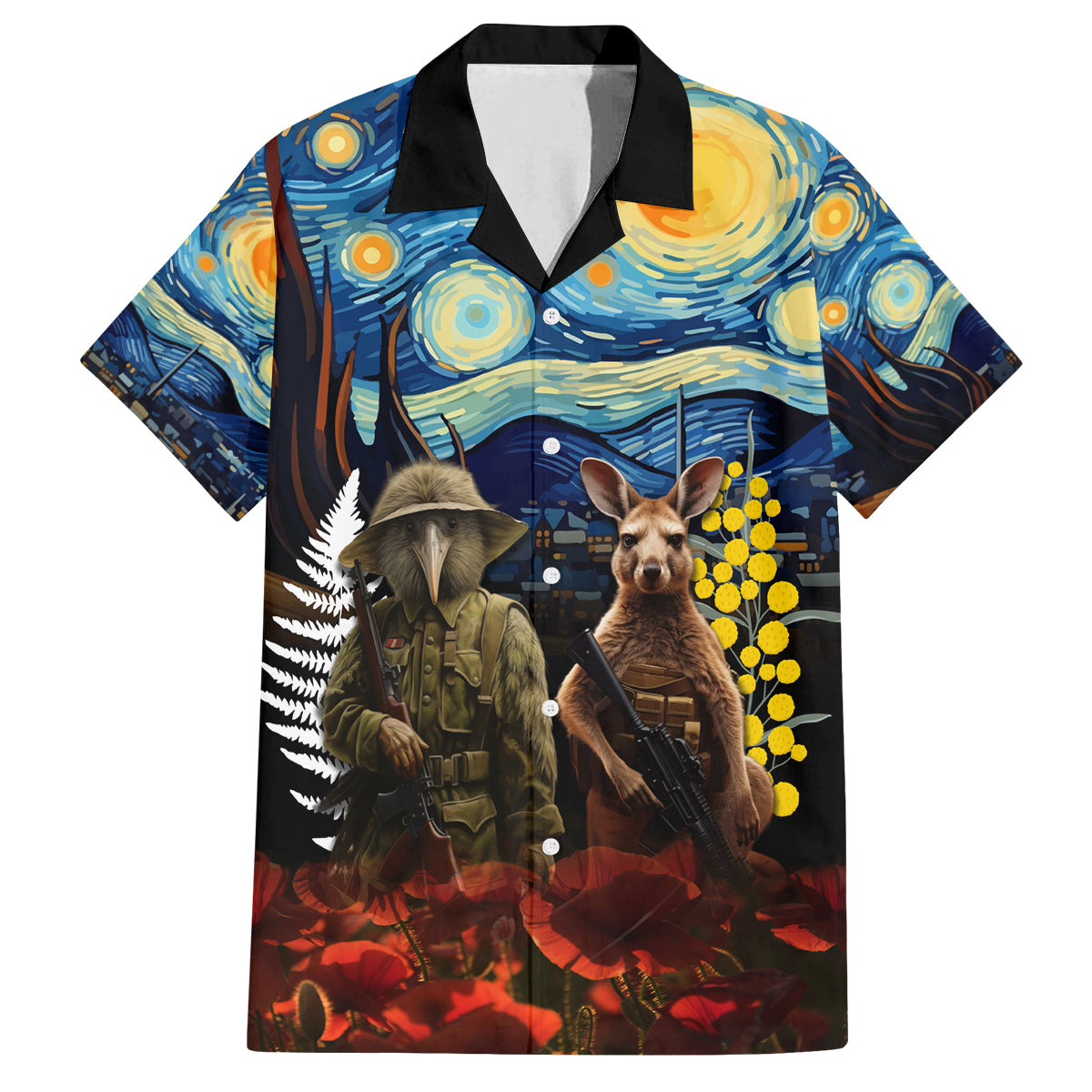New Zealand and Australia ANZAC Day Family Matching Off Shoulder Maxi Dress and Hawaiian Shirt Kiwi Bird and Kangaroo Soldier Starry Night Style LT03 Dad's Shirt - Short Sleeve Black - Polynesian Pride