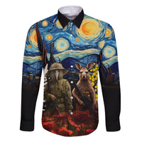 New Zealand and Australia ANZAC Day Family Matching Off Shoulder Maxi Dress and Hawaiian Shirt Kiwi Bird and Kangaroo Soldier Starry Night Style LT03 Dad's Shirt - Long Sleeve Black - Polynesian Pride
