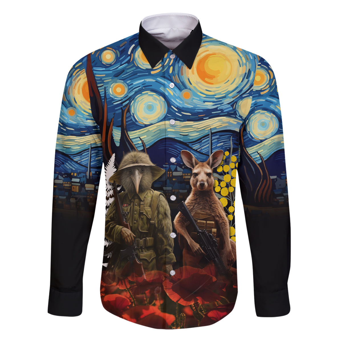 New Zealand and Australia ANZAC Day Family Matching Off Shoulder Short Dress and Hawaiian Shirt Kiwi Bird and Kangaroo Soldier Starry Night Style LT03 Dad's Shirt - Long Sleeve Black - Polynesian Pride