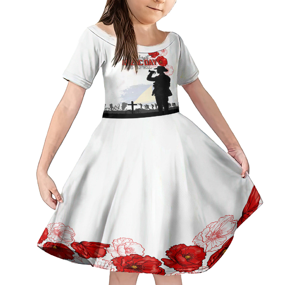 Tokelau ANZAC Day Family Matching Puletasi and Hawaiian Shirt Lest We Forget Red Poppy Flowers and Soldier LT03 Daughter's Dress White - Polynesian Pride