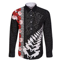 New Zealand ANZAC Day Family Matching Off Shoulder Maxi Dress and Hawaiian Shirt Soldier Silver Fern with Red Poppies Flower Maori Style LT03 Dad's Shirt - Long Sleeve Black - Polynesian Pride